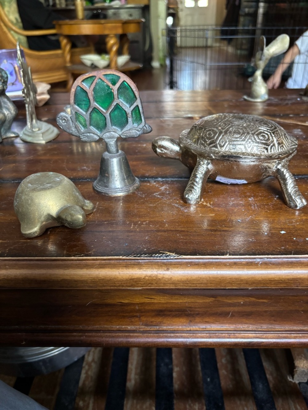 Brass Turtle Trinket Dishes with Green Stained Glass Accent